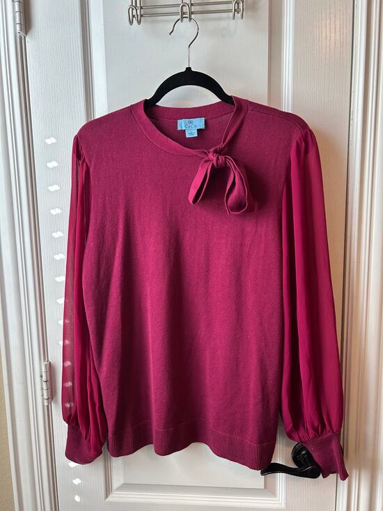 CeCe Sweaters - CeCe Size L Magenta Berry Tie-Neck Sweater Top with Sheer Balloon Sleeves
